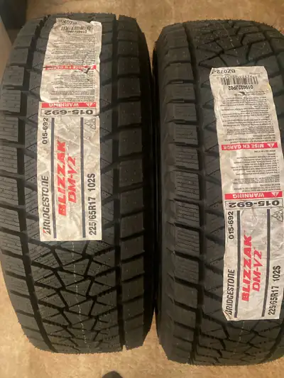 2 Bridgestone dm v2 snow tires old dated stored inside. New. 60 dollars for both. P225/65R17