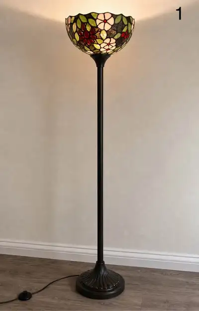 NEW-IN-BOX Tiffany-Style Stained Glass Torchiere Floor Lamp, View more
