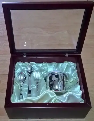 Toddlers Silverplate Utensil set including sippy cup in a, View more