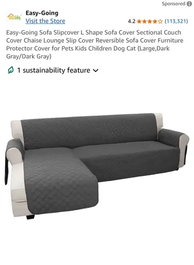 New dark gray L-shape sofa slipcover, designed for large sectionals and made from a soft, quilted fa...