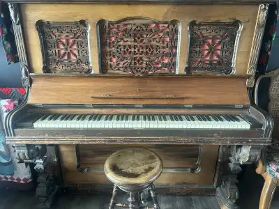 1800’s upright piano and stool for sale, View more