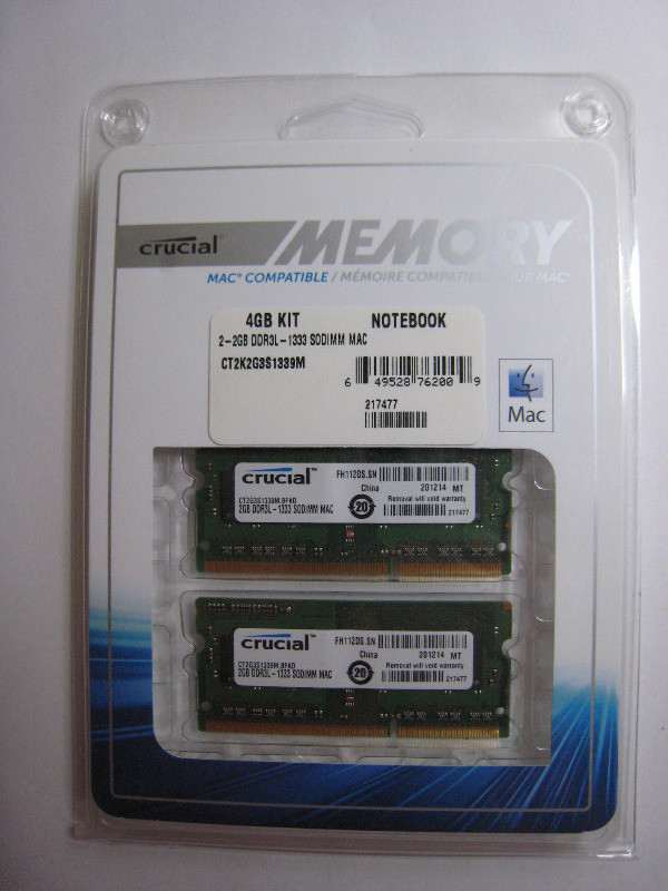 Crucial 4gb kit of 2gb X 2 DDR3L-1333mhz  for Macbooks in System Components in Hamilton