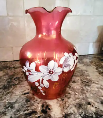 Vintage “Rainbow Art Glass” Cranberry Bud Vase 1970s, View more