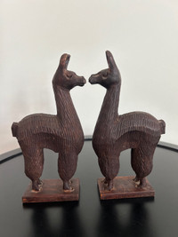 Two Small Lama Figure Wood Hand Carved Alpaca Art Sculpture 6” 