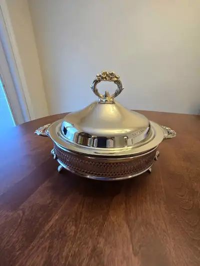 Silver plated serving bowl with lid, View more