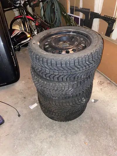 4 used winter tires, each used for 2 seasons with a lot of tread. On steel rims with bolt pattern 5x...