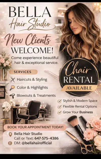 Elevate your hairstyling career with a chair rental at Bella Hair Studio, offering a stylish and mod...