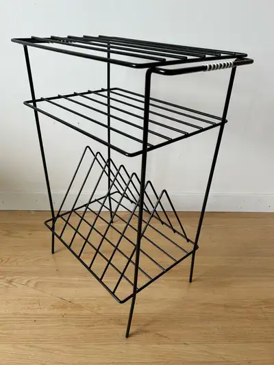 Vintage early 60's record player stand with record storage. Mid century Bertoia wire styling. In gre...