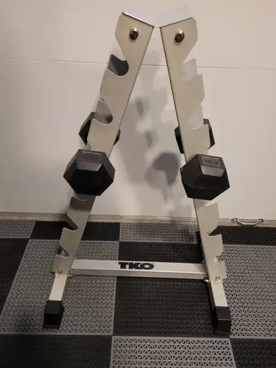 TKO A-Frame Dumbbell Stand is in good shape & well made . Dims are as follows .... Base of rack : 29...
