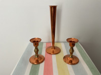 Copper bud vase, two candle sticks