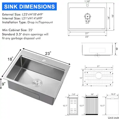 MENATT 23 Inch Kitchen Sink Drop in, 18 Gauge Stainless Steel To, View more