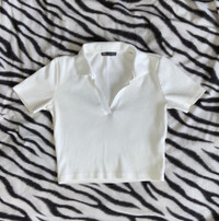 ZARA (Size S) White Crop Top Polo Shirt