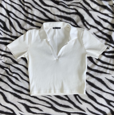 ZARA (Size S) White Crop Top Polo Shirt, View more