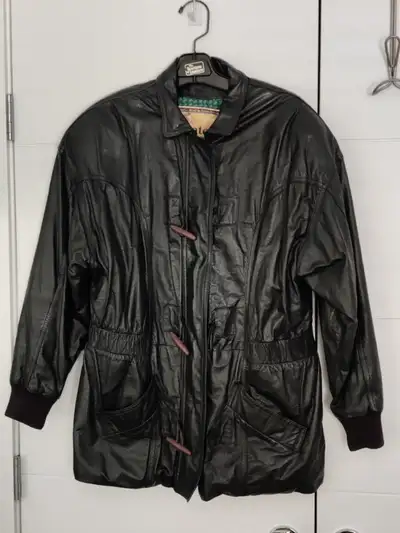 Black Leather Women Zipper Winter Jacket Coat - Size 12, View more