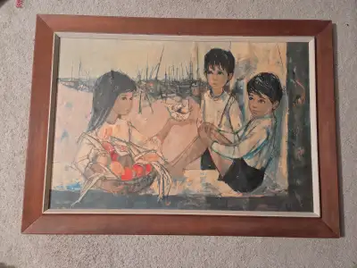 Vintage 60s-70s "Big Eyes" Kitsch Signed/Framed Print, 33x23.5", View more