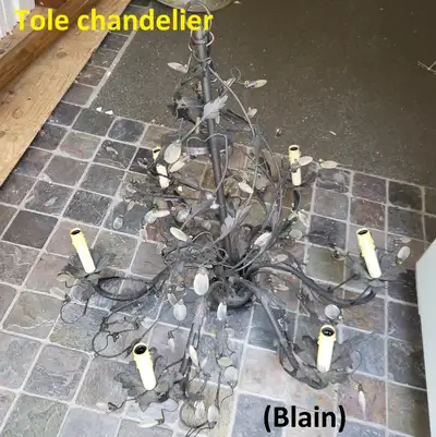 Vintage Tole Chandelier + Light Set - All Black, Frosted Crystal, View more