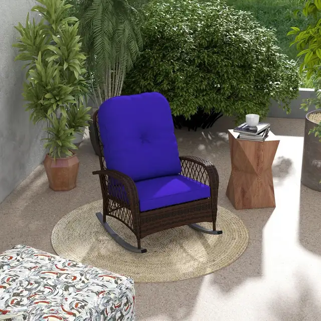 Blue Outdoor Wicker Rattan Rocking Chair with thick cushion  in Patio & Garden Furniture in Markham / York Region - Image 2