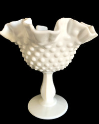 Venton White Milk Glass Fluted Hobnail Pedestal Ruffle Bowl