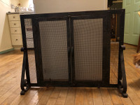 Vintage Metal Fireplace Screen Two Doors, Handles & Scroll Motif