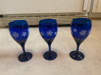 Set of 3 Snowflake Vtg Libbey Cobalt Blue Wine GLASSES