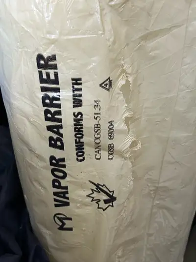 Left over from a build. Unopened Vapor barrier 102” x 177’ (1000sqft). $50. 1 Bag of 24” OC R20 insu...