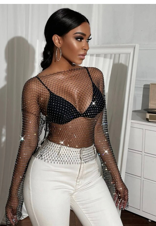 Sheer fishnet metallic top size L worn one tim dans Femmes - Hauts et vêtements d'extérieur  à Laval/Rive Nord