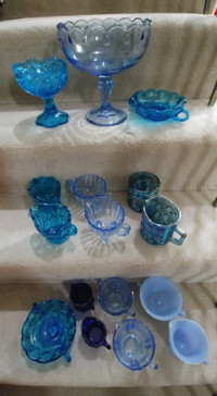Antique Blue Glass Cream & Sugar Bowls and Candy Dishes 