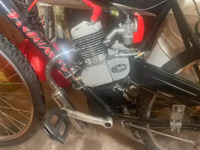 2 stroke motorized bicycle. Only 6 months old and runs great. Has good gas capacity and can go up to...