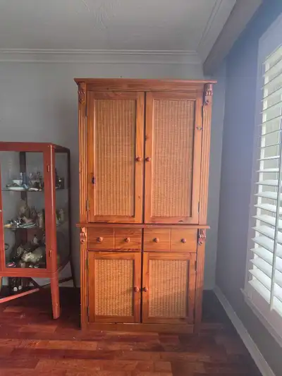 Solid Pine & Wicker Armoire / Entertainment Hutch, View more