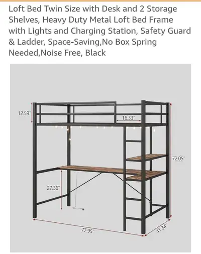 Twin Loft bed with desk and charging station for sale $300obo, View more
