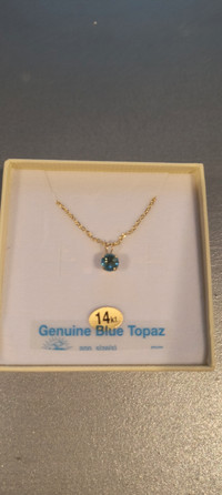 14 kt gold pendant and genuine blue topaz sterling silver chain