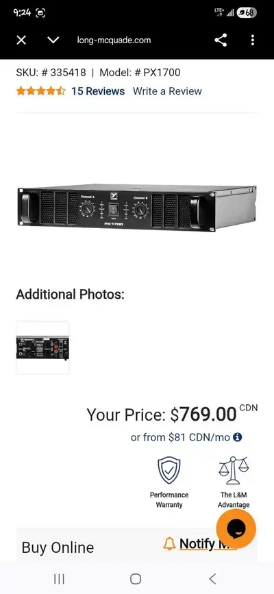 PX1700 2-Channel 850 W Power Amplifier Used onece our club upgraded