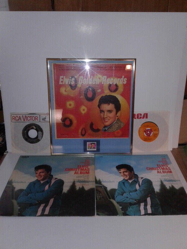 ELVIS RECORDS -GOLDEN HITS FRAMED WITH ELVIS STAMP, 2 LPs 2 45's in Arts & Collectibles in Kitchener / Waterloo