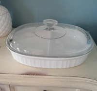 Corning Ware French White Ribbed Oval Divided Dish with Lid