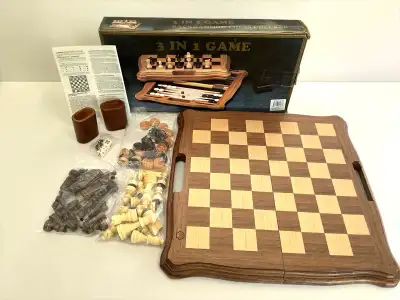 Coffret de jeux 3 en 1 en bois – Échecs, dames et backgammon, View more