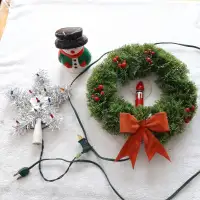 Couronne & cime de sapin de Noël illuminées vintage, bougie 