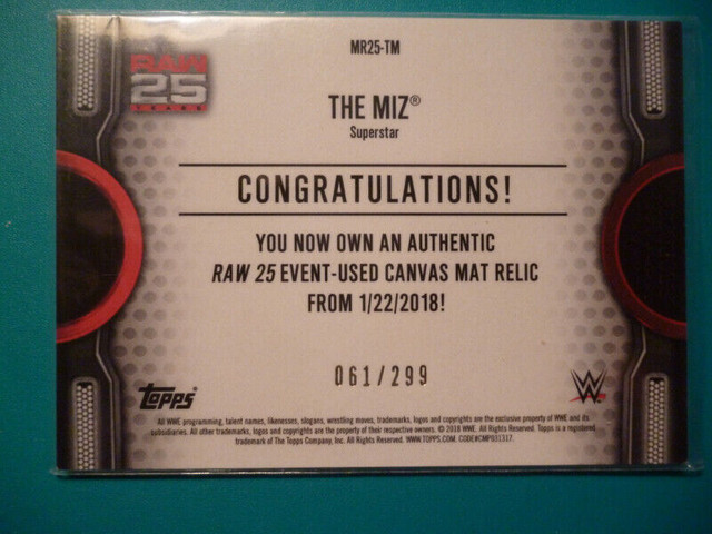 WWE Relic Topps Cards - Miz Wolfe Big Cass Cassady Carlito in Arts & Collectibles in Peterborough - Image 2