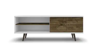 NEW! WHITE BROWN WOOD MID CENTURY MODERN MEDIA TABLE, View more