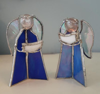 Pair vintage blue stained glass singing choir angel ornaments