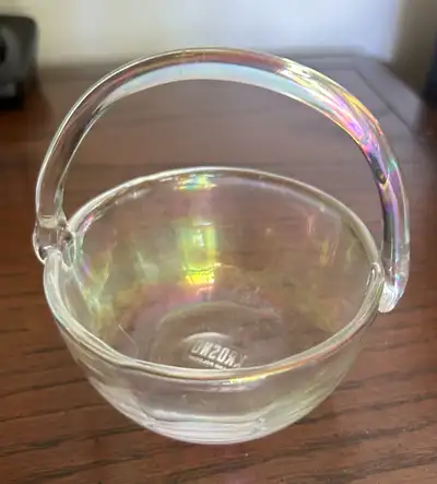 Vintage Iridescent Glass Candy Dish with Handle 3.75” diameter; 4.5” high with handle Made by Krosno...