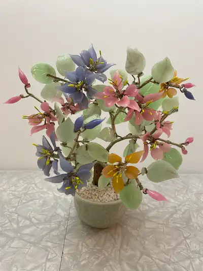 Vintage Purple Pink Orange Jade Chinese Bonsai Glass Flower Tree