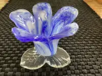 Blue White Clear Art Glass Candle Holder