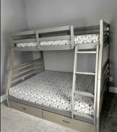Twin Full Bunk Bed Grey Finish 3 Storage Drawers Two Ladders Kid, View more