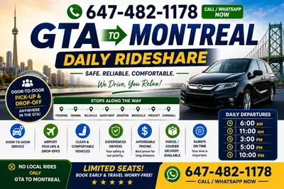 Montreal Toronto Daily Rideshare | Parcel Delivery | Rides, View more