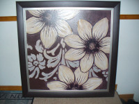 Grand tableau cadre fleurs brun fini imitation toile