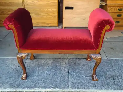 Vintage Victorian Red Velvet Upholstered Bench / Window Seat, View more