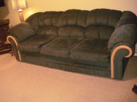 Sofa, Blue plush upholstery with wood trim