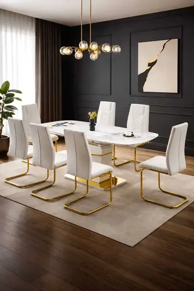 White Marble Dining Set with Gold Base & 6 Upholstered Chairs, View more
