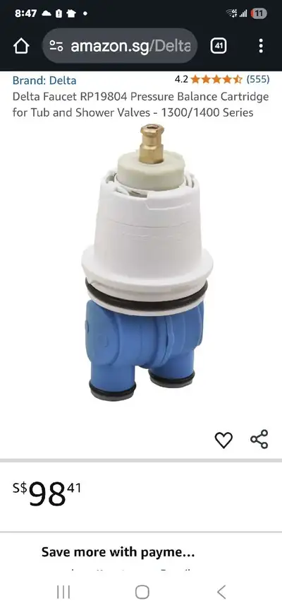 This Delta Faucet RP19804 pressure balance cartridge is designed for tub and shower valves in the 13...