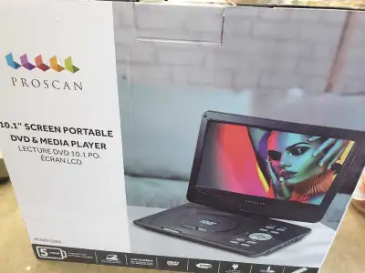PROSCAN 10.1" portable DVD and media player. Includes AC adapter, car power adapter, and remote cont...